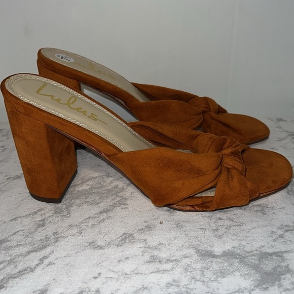 Lulus Tan/Copper Faux Suede High Heel Sandals Size 7.5 - Picture 4 of 6